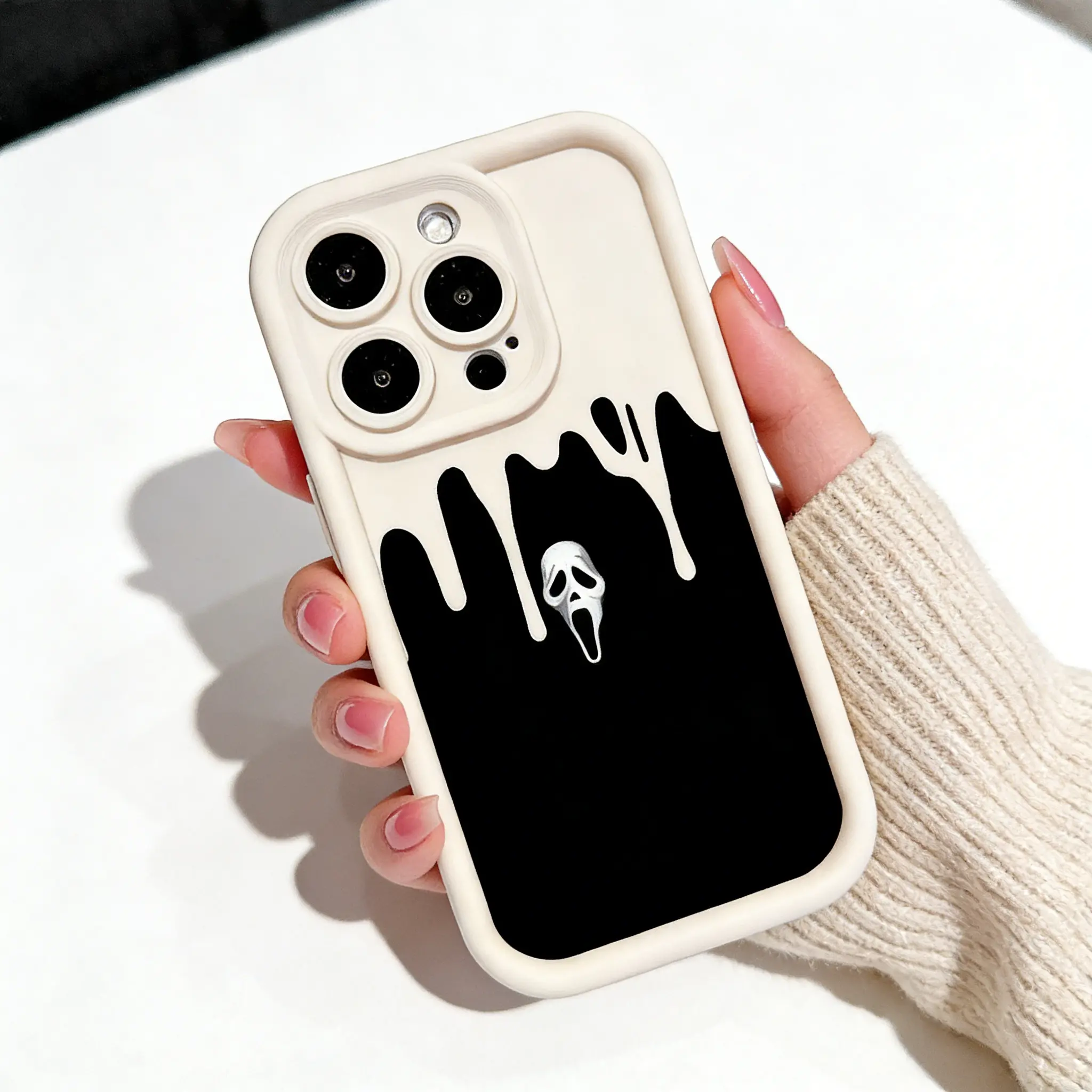 Scream Ghostface Dripping Art Customized Silicone Smartphone Casing, Horror Movie-Inspired Handheld Devices Accessory, Protective Shockproof Drop-Resistant Cover with Button-Responsive Fit for iPhone 14/15 Series