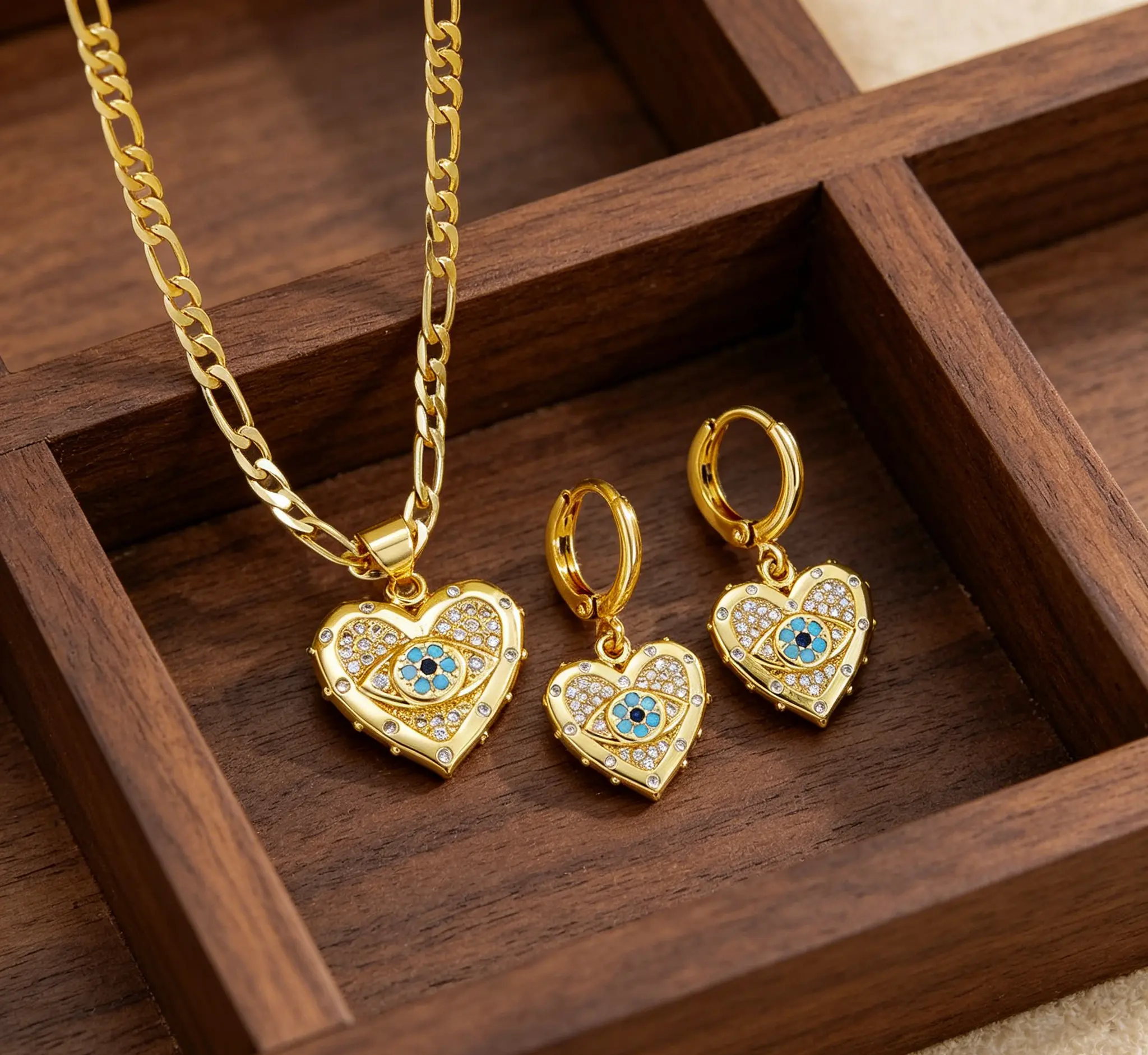 Dainty Heart Evil Eye Jewelry Set, 14K Gold Plated Blue Eye Necklace Earrings, Spiritual Protection Amulet, Vintage Aesthetic Gift for Women Daily Wear, Accessories Set, Gold Necklace Women Accessory Set