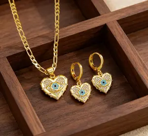 Dainty Heart Evil Eye Jewelry Set, 14K Gold Plated Blue Eye Necklace Earrings, Spiritual Protection Amulet, Vintage Aesthetic Gift for Women Daily Wear
