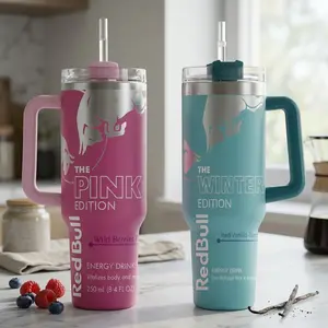 Bull Pink, Blue & White Edition 40oz Stainless Steel Tumbler With Handle and Straw, Double Wall Vacuum Insulated Travel Mug