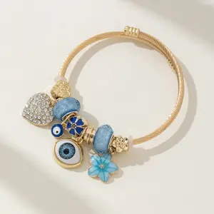 Elegant Beaded Bracelet – Blue Devils Eye and Rhinestone Love Flower Charms, Modern Fashion Jewelry