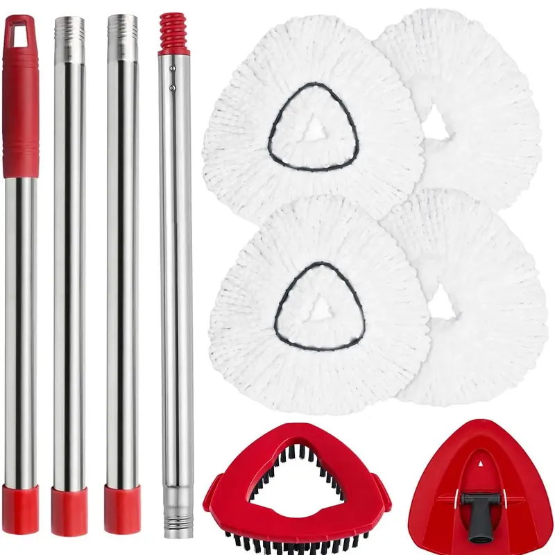 Fit for O-Cedar EasyWring Compatible Triangle Shape Rotating Head Spin Mop Replacement Kit - 4 Microfibre Refills, 4-Section Stainless Alloy 32-58in Handle, Base, Cover, Brush Scrubber (Only for 1-Tank System) for Toilet, Wood Floors