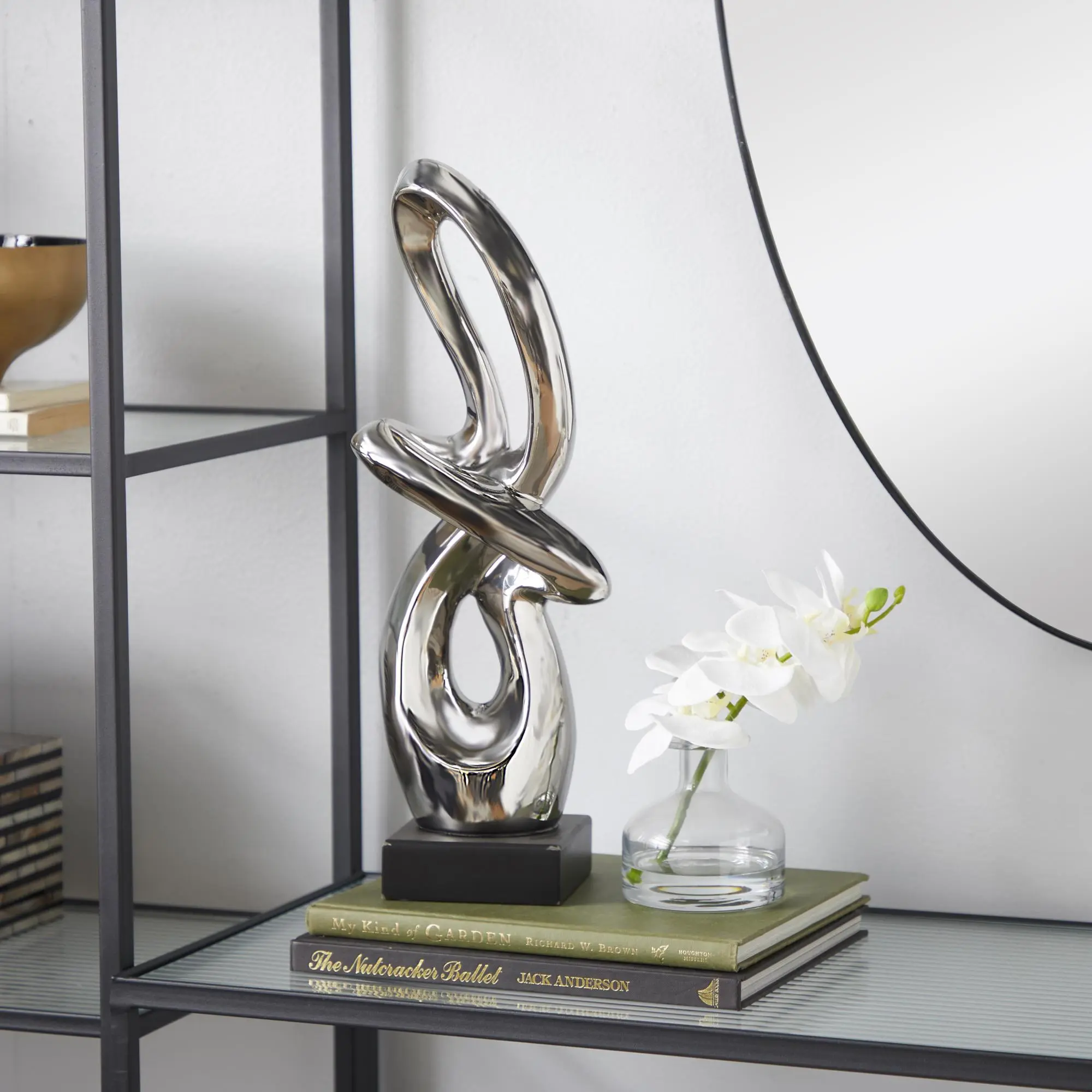 Abstract Glossy Smooth Silver Porcelain Swirl Figurine, Home Decor Sculpture with Black Wood Base, Gift, Ornaments