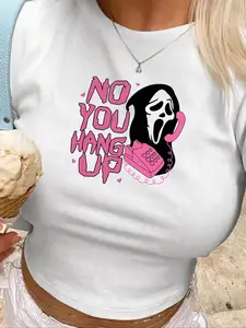 Women's Ghost & Letter Print Round Neck Crop Tee, Short Sleeve Crew Neck T-shirt for Summer, Women's Top for Daily Wear, Casual Fashionable Top