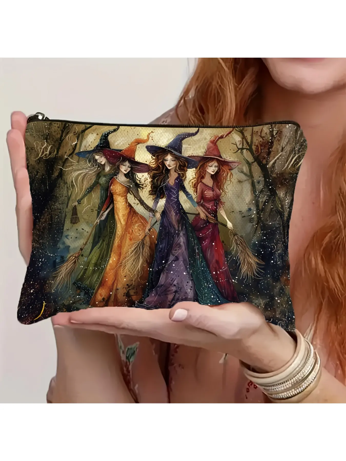 Vintage Witch Makeup Bag - Dual-Sided Enchanted Forest Print with 3 Witches on Broomsticks, Large Capacity Foldable Travel Cosmetic Organizer, Durable Zipper Closure - Halloween Birthday Gift for Women, Halloween Accessories, Witchthemed
