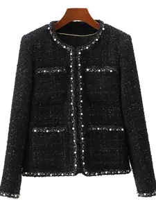 Women's Rhinestone Decorated Plaid Print Jacket, Elegant Fashion Casual Open Front Outerwear for Daily Outdoor Wear, Women Clothing for Spring Fall, Coats