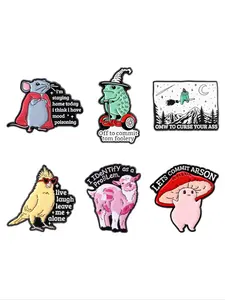 6Pcs Fun and Diverse Dark Cute Enamel Pins, Durable Metal Pins with Contrasting Cute Animal Mushroom Text Brooches, Backpack Lapel Badges Suitable for Men and Women to Wear Daily as Gifts for Friends