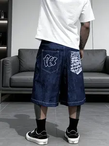 Men's Loose Fit Denim Shorts, Embroidered Pocket Jeans, Casual Spring & Fall Outdoors, Ideal for Relaxed Occasions, Perfect Gift