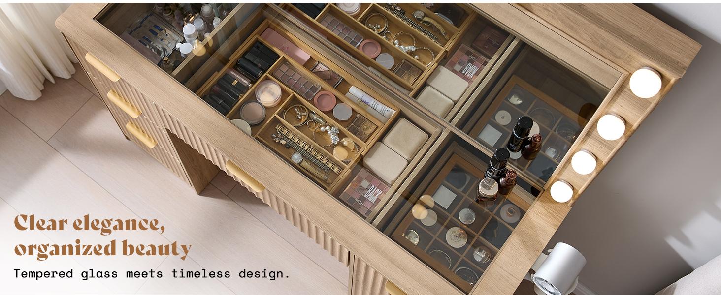 AMERLIFE 36.2/47.2" Fluted Vanity Desk with Mirror and Adjustable LED Lights, Large 4/7 Drawers Makeup Table with Glass Top and Charging Station for Women and Girls, Bedroom or Dorm/Best Gift Ideas/Christmas Gifts