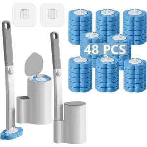 ABS Disposable Toilet Brush and Holder Set, Extended Handle with 48 Cleaner Refills, Deep Cleaning Tool for Toilet Bowl & Bathtub, Compact Design, Easy Maintenance