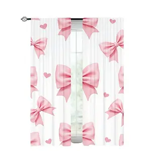 Bow Heart Print Curtain Set, 2-Piece Polyester Fabric Rod Pocket Design, Suitable for Home Decoration and Practical Functionality, Durable and Stylish