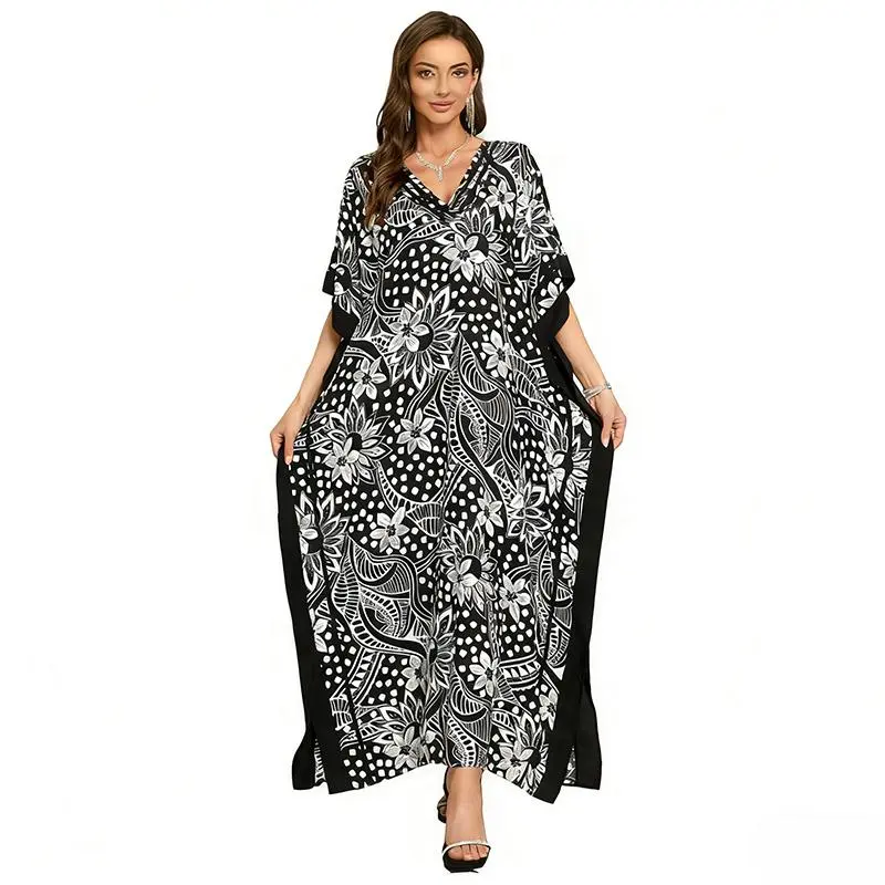 caftan plus size dress Deep V-Neck Denim Blue Zero Waste Caftan Dress - M/L