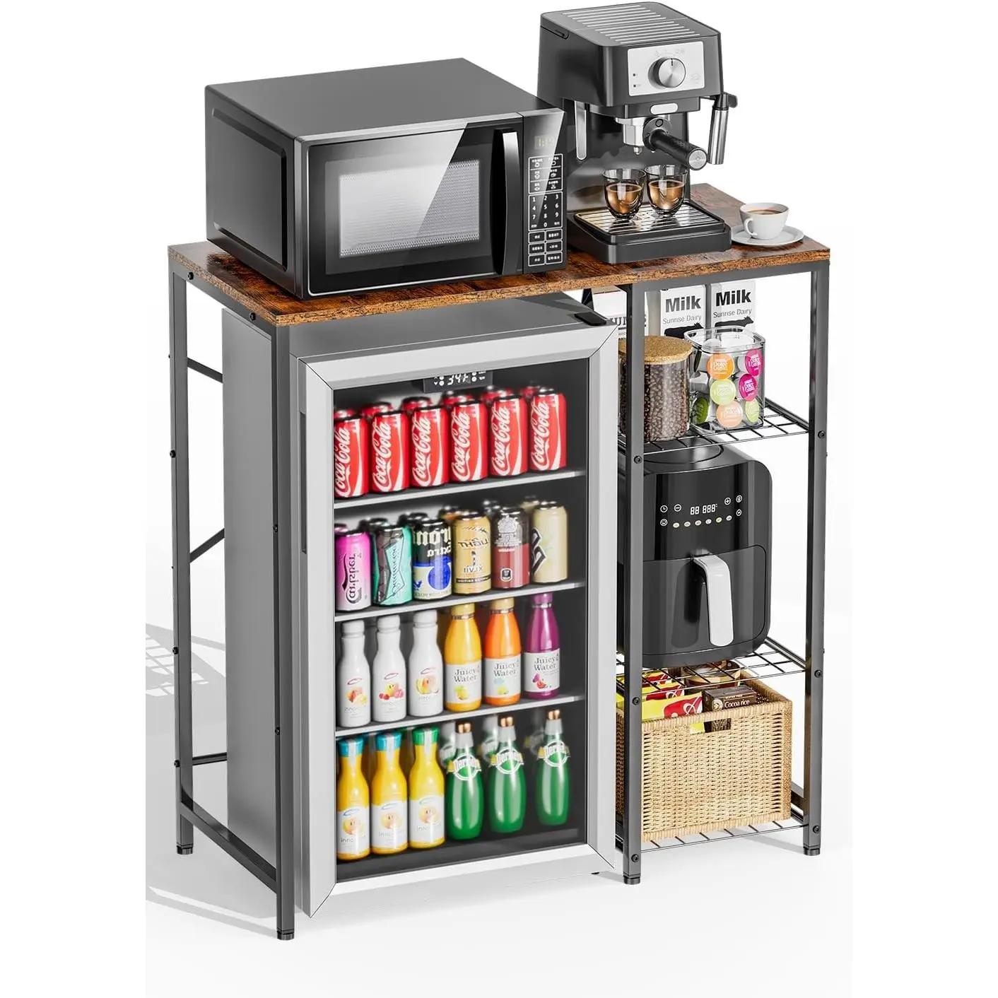 Mini Fridge Stand with Storage Shelves, 3-Tier Microwave Stand, Coffee Bar Bakers Rack, Small Refrigerator Cabinet Organizer Table for Dorm Apartment Kitchen Office, Rustic Brown
