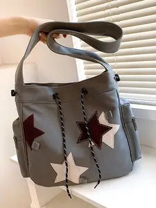 Simple  personalized  fashionable gray canvas shoulder crossbody bag, colorful star patches   multi-pocket drawstring design, trendy  casual  versatile crossbody bag, niche  suitable for daily commuting, shopping, etc., Embellished shoulder bag