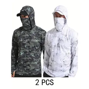 2pcs Camo Quick-Dry Lightweight Hooded Fishing Sun Protection Shirt - Breathable Long Sleeve Outdoor Gear for Men, White & Gray Pattern, UV Protection, Fishing & Hiking jogger shorts parke girls soccer spandex volleyball footy evelyn ortiz workout blue