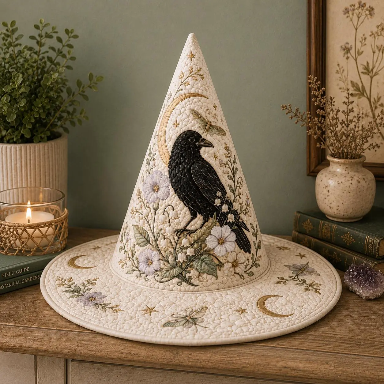Quilted Witch Hat with Ivory Raven, Moonflower & Botanical Print – Celestial Cottagecore Halloween Decor, Mystical Seasonal Gift