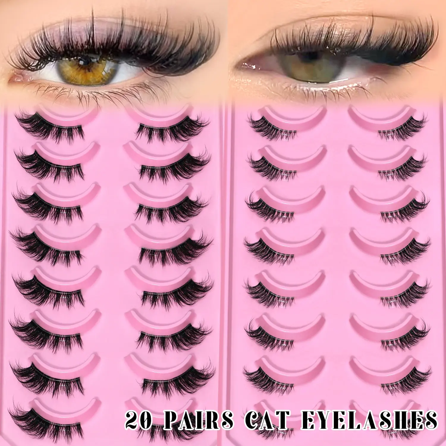GROINNEYA 20 Pairs Cat Eye Lashes Mixed Length Half Eyelashes Tray Natural Mink False Lashes, Lash Extension Alternative, Mixed Styles DIY Soft Lightweight Eyelashes Volume Pack For Makeup, Suitable For Any Occasion