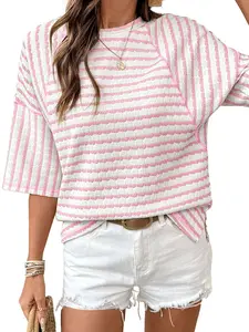 Women's Striped Shirts Casual Crewneck Tops Half Sleeve Loose Fit Drop Shoulder T-Shirts Textured Exposed Seam Blouses