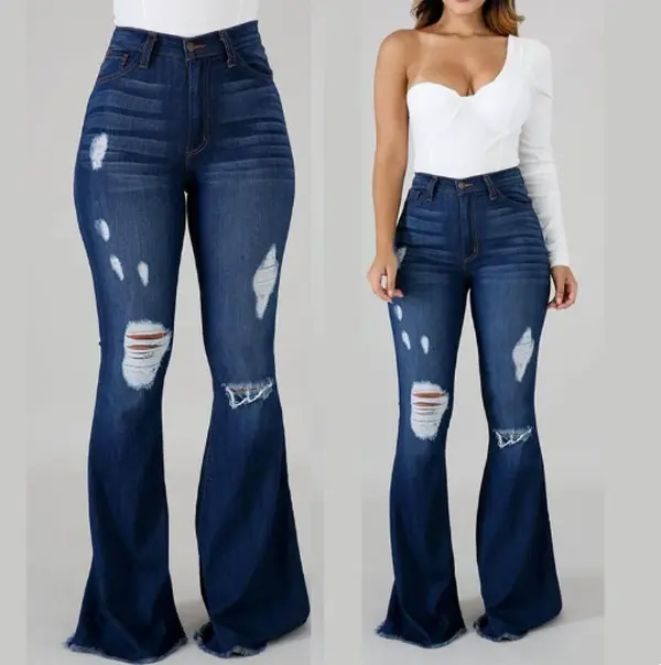 Women's High Waist Ripped High-Stretch Cotton Basic Fit Denim Bell Bottom Pants, Distressed Raw Hem Plus Size Bootcut Long Trousers S-3XL