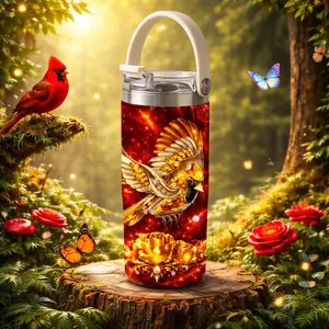 30oz Forest Cardinal Insulated Tumbler, Leakproof Tumbler, Stainless Steel Vacuum Travel Mug, Red and Gold Flying Cardinal with Rose Design, Inspirational Quote Wrap, Double Wall Thermal Insulation, Leak Resistant Lid, Gift for Daily and Outdoor Use