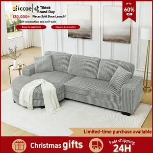 Niccae Modern L-Shaped Corduroy Upholstery Boneless Sectional Couch - 3-Pack Sofas with Ottoman, 2 Pillows & Convertible Foam Bed Lounger, Couches for Living Room, Living Room Home Office Furniture, Living Room Furniture