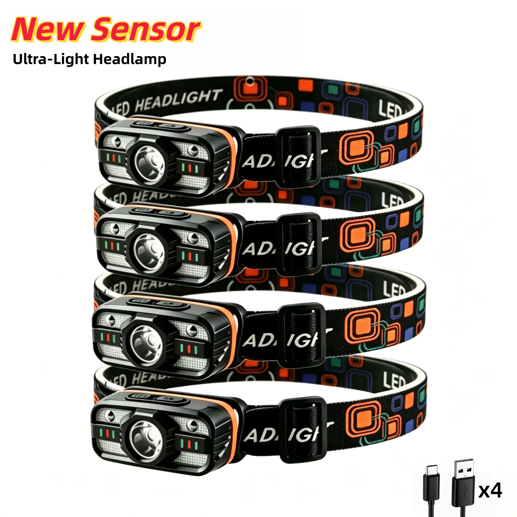New Upgrade 4-Pack Smart Sensor Headlamp, Dual-Light USB Rechargeable, 6 Modes with Motion Sensor, Long Battery Life for Night Fishing Camping Auto Repair Home Patrol Emergency