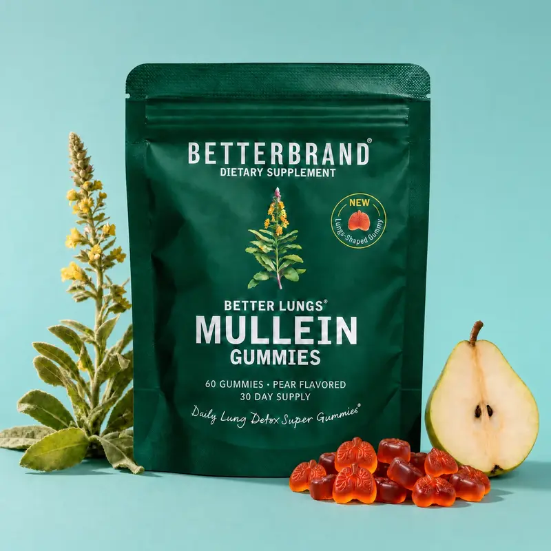 Betterbrand Mullein Lung Detox Gummies for Respiratory Health & Mucus Cleanse - 60 Pear Flavored Chewable Gummies - 30 Servings - Dietary Supplement for Respiratory Health Support