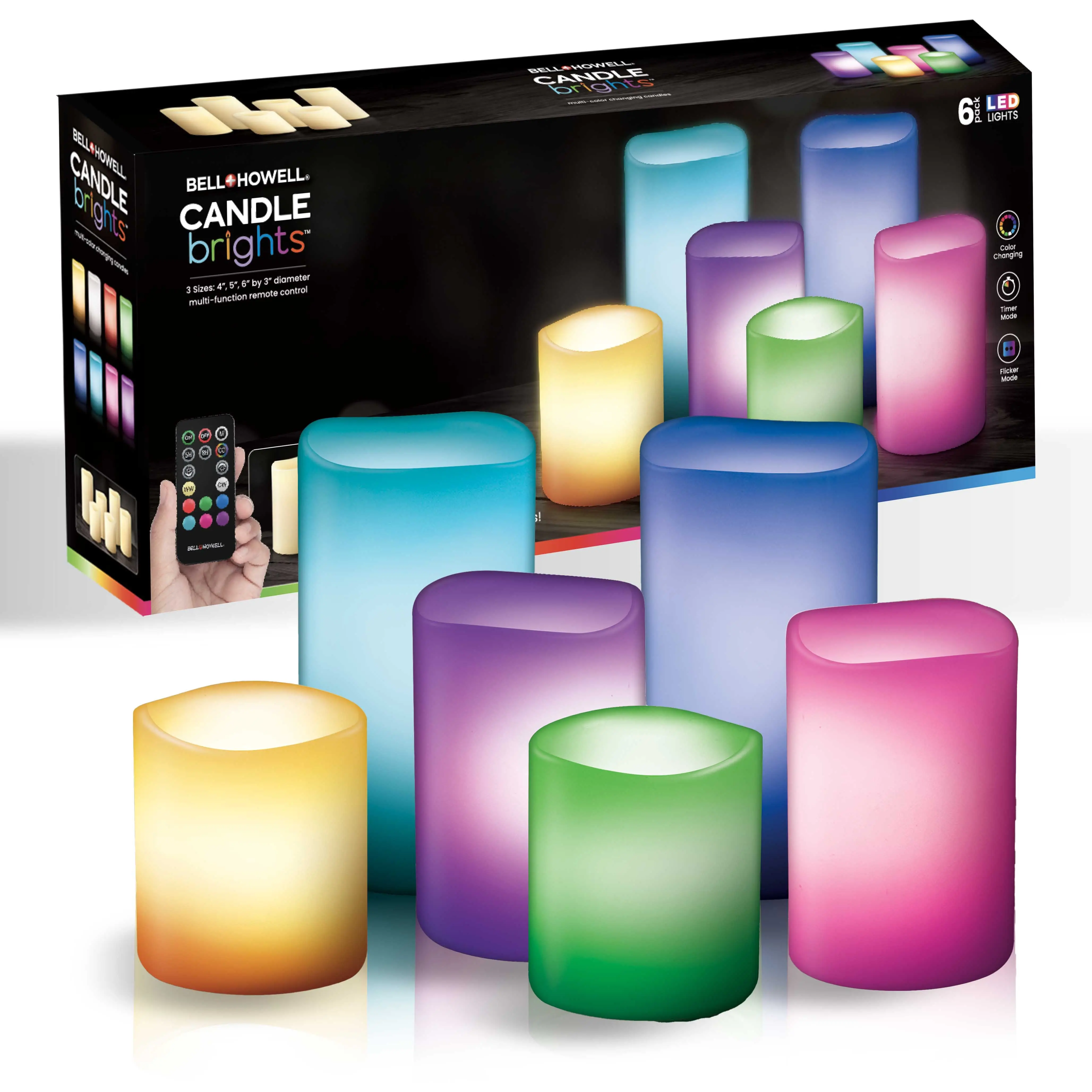 Candle Brights 6 Pack Flameless Pillar Candles LED Multi Color Mood Lighting Remote Candle Brights 6 Pack Flameless Pillar Candles LED Multi Color Mood Lighting Remote
