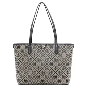 Tory Burch T Monogram Navy Blue Tote Bag with Gold Double-T Logo and Zipper Closure for Women