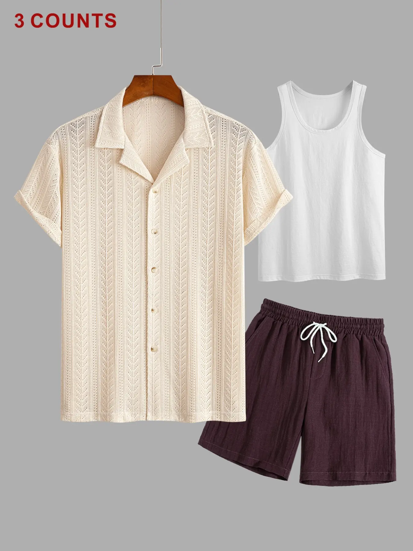 Men’s 3 Piece Summer, Casual Knit Textured Short Sleeve Button Down Shirt, Tank Top, Drawstring Shorts, Beach Vacation Resort Wear Aesthetic Essentials Shorts Matching Set