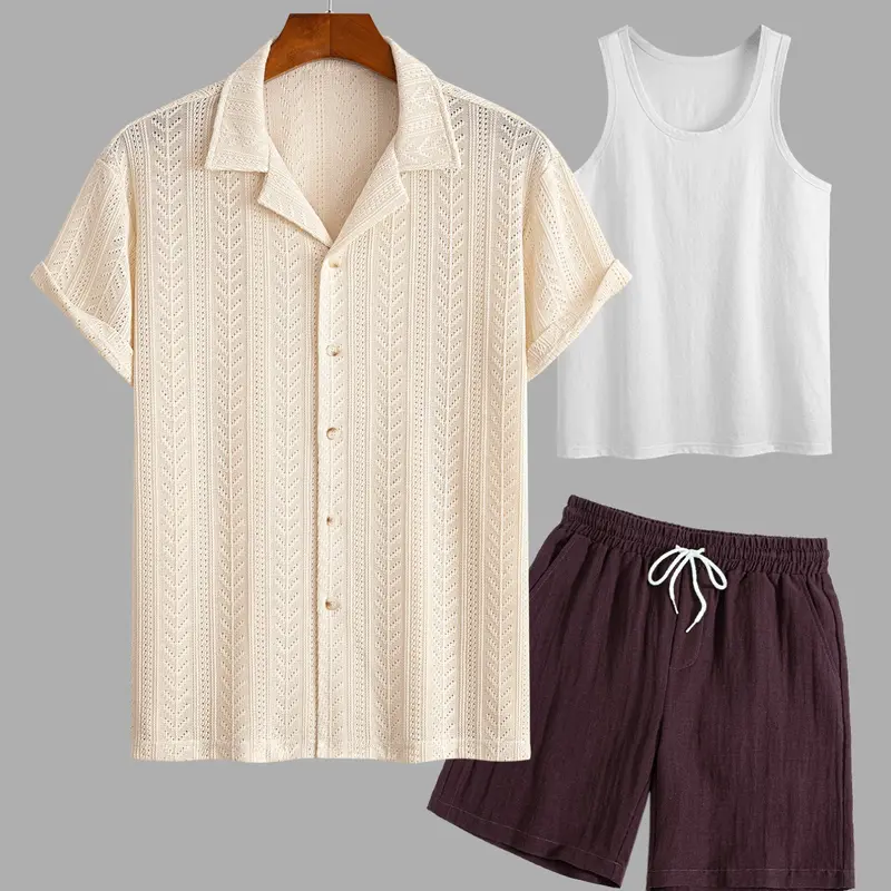 Men's 3 Piece Summer, Casual Knit Textured Short Sleeve Button Down Shirt, Tank Top, Drawstring Shorts, Beach Vacation Resort Wear Aesthetic Essentials Shorts Matching Co Ord Set