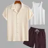 Men's 3 Piece Summer, Casual Knit Textured Short Sleeve Button Down Shirt, Tank Top, Drawstring Shorts, Beach Vacation Resort Wear Aesthetic Essentials Shorts Matching Co Ord Set