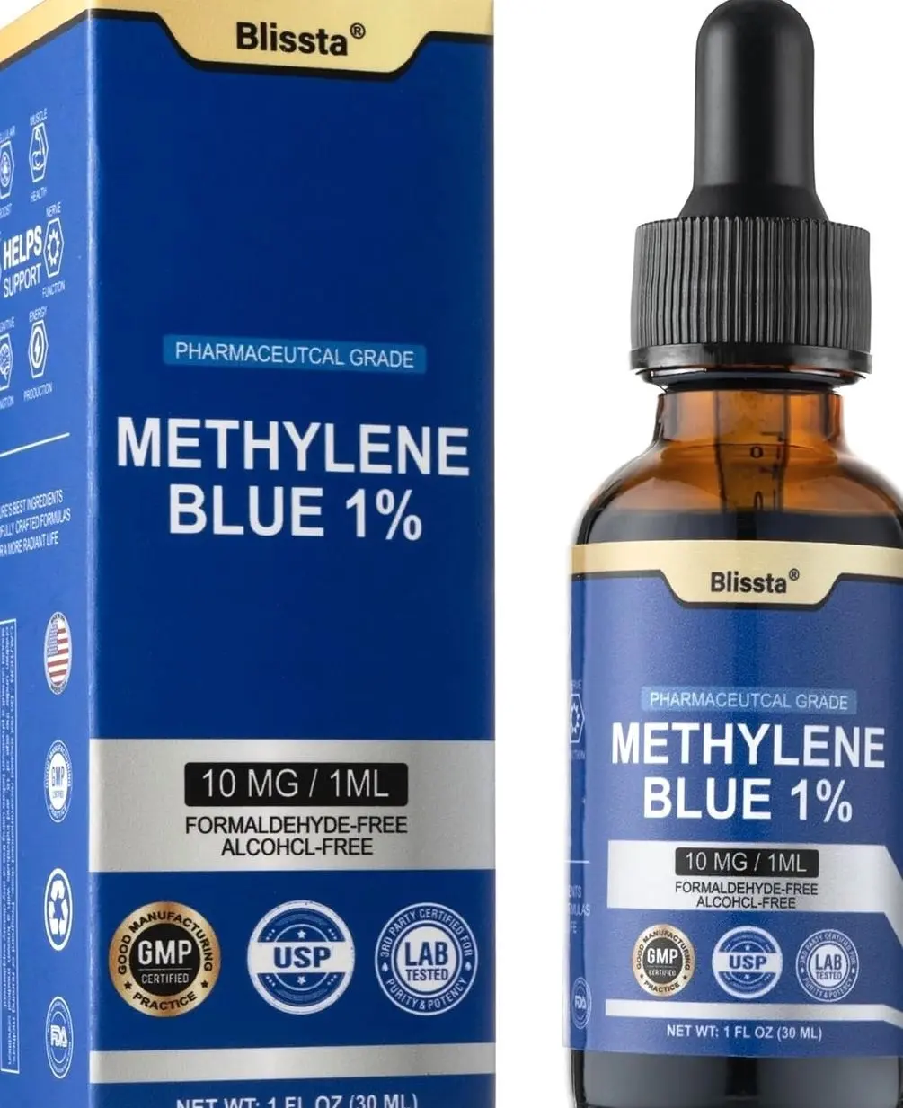 USP Pharmaceutical Grade Methylene Blue 1% Solution – Third-Party Lab Tested, Formaldehyde-Free, Heavy Metal Free –Nootropic - Cognitive Support, Energy & Focus