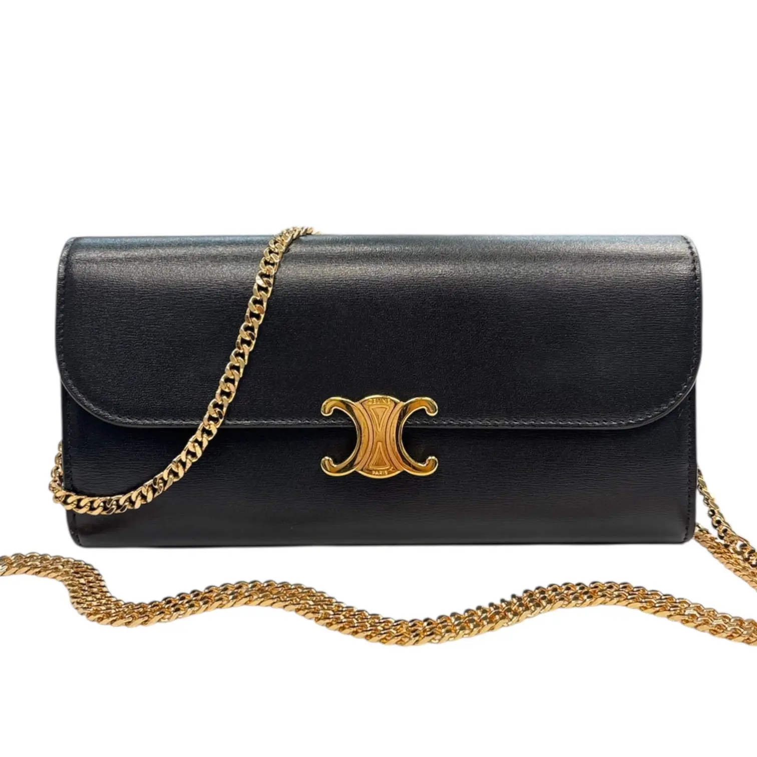 Pre-owned Celine leather Crossbody bags Black Triomphe Long Wallet with added Chain Box