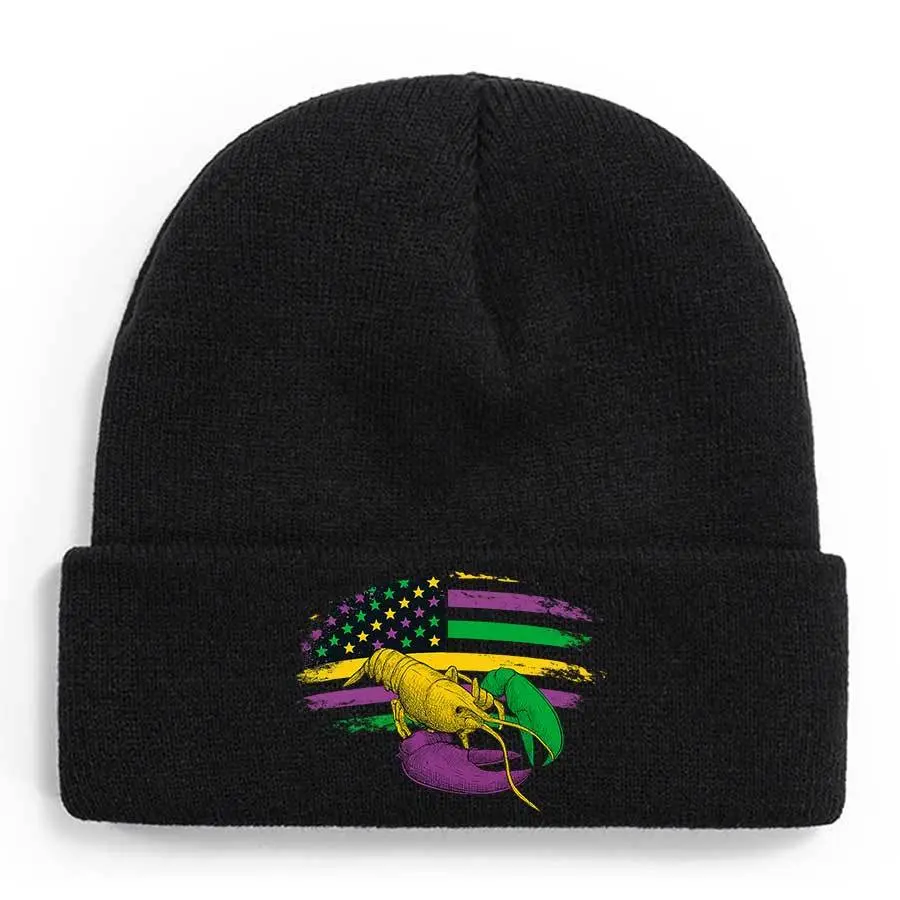 S&T Crawfish Carnival and American Flag Knitted Hat--Soft and Warm Winter Hat, Decorated with Louisiana Crawfish Cooking Pattern, Unisex Ski Hat, Suitable for Outdoor Activities