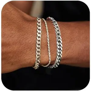3PCs stainless steel mens bracelet, adjustable sturdy silver Cuban chain bracelet set for men
