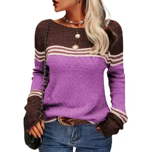 Women Autumn Winter Colorblock Pullover Sweaters Round Neck Striped Slim Fitting Knitwear Tops