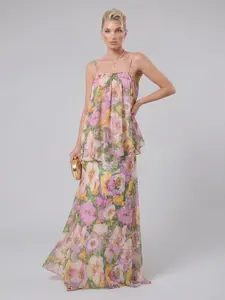 LikeMyChoice Floral Print Chiffon Maxi Dress Women Spaghetti Strap Layered Flowy Long Dress for Vacation Wedding Guest