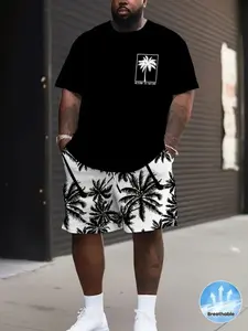 Men's Plus Size Printed Short Sleeve T-Shirt + Shorts Set, Outfit, Breathable Outdoor Casual Tropical Sportswear with Coconut Tree Pattern, Summer Wear