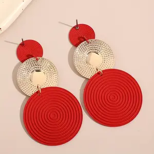 Iron Crafted Trio Dangle Earrings - Red & Golden Spiral Pattern, Stainless Steel Posts, Textured Finish, Perfect for Everyday and Party Wear