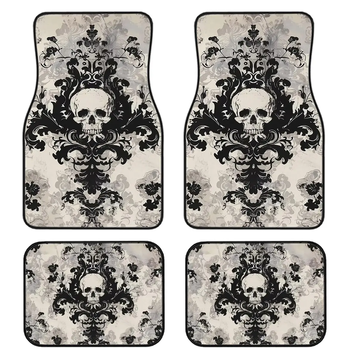 4-Piece Gothic Skull Baroque Car Floor Mats Set, Car Foot Mats, Interior Car Accessories, Universal Fit for All Vehicles, Stylish Interior Decor, Easy Clean, Comfortable Protection