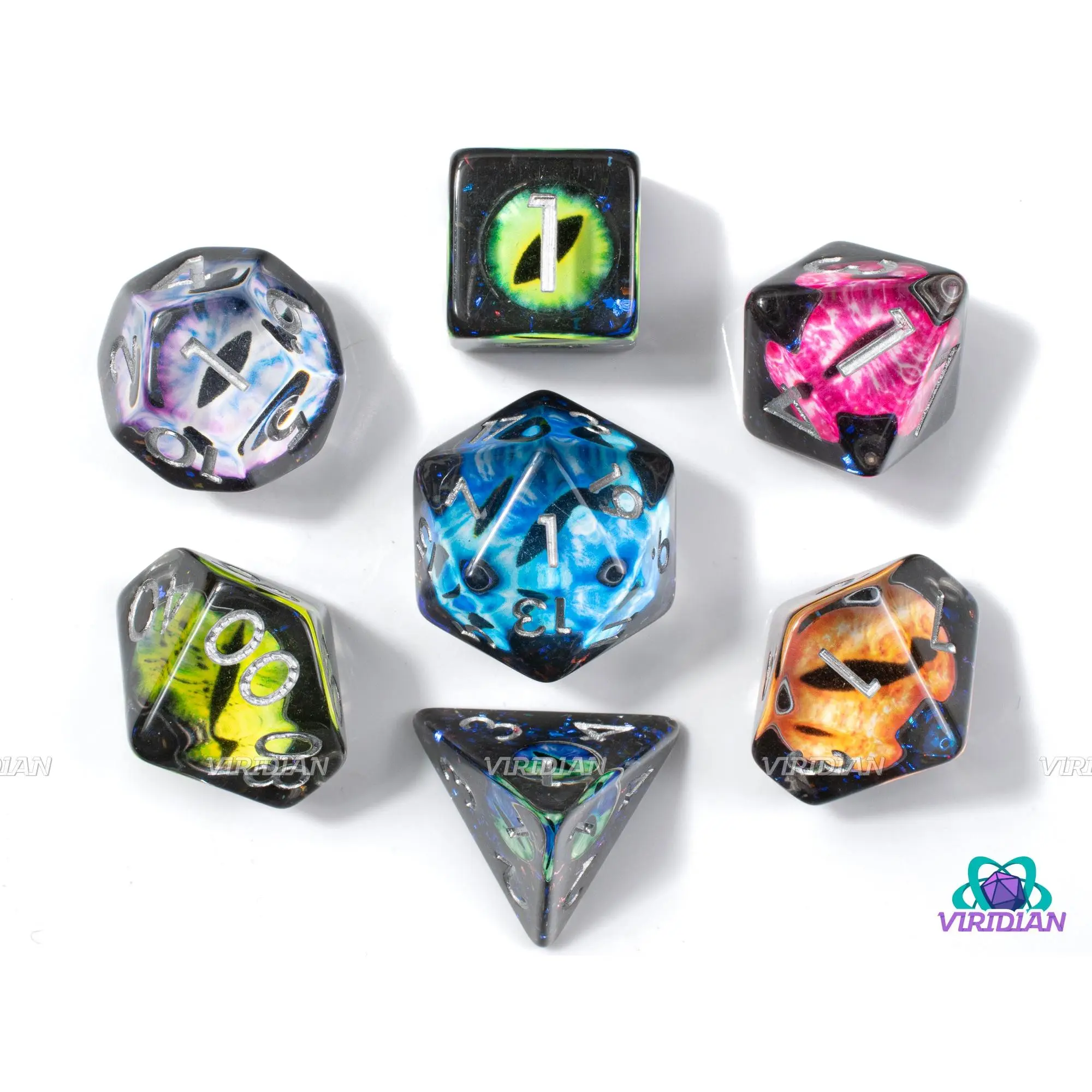 Tiamat's Return | Clear Dice, Black and Blue Glitter with Rainbow Dragon Eyes | Resin Dice Set (7)
