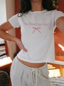 Women's "I'm Literally Just A Girl" Slogan Print Round Neck Tee, Women's Bowknot & Letter Print Round Neck Crop Tee, Fashion Casual Slim-fitting Short Sleeve T-shirt for Daily Wear, Ladies Summer Clothes, Womenswear