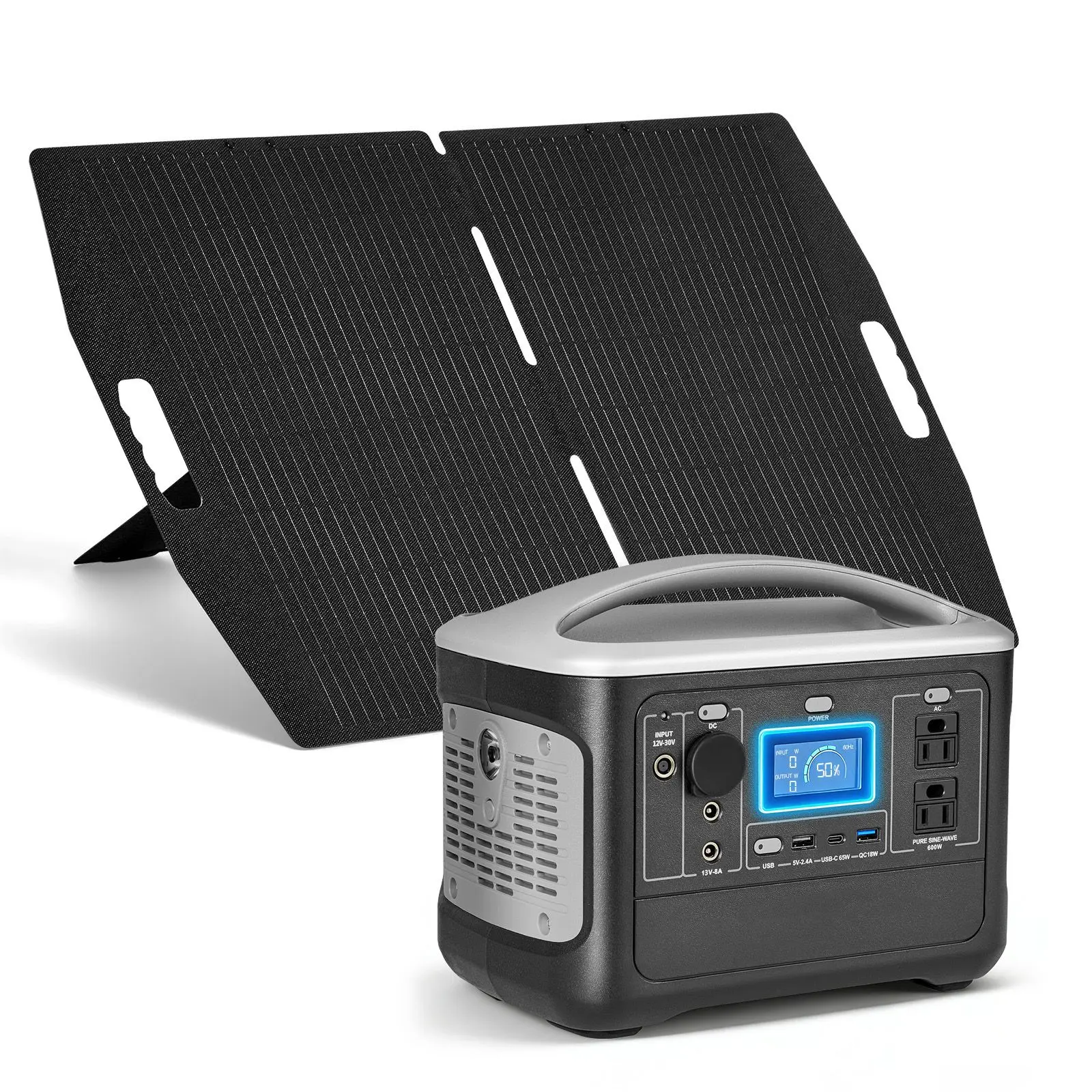 Portable Power Station with 100W Solar Panel, 600W Solar Generator Power Station, 493Wh LiFePO4 Battery Backup with 8 Output Ports for Home Emergency, Outdoor Camping, RV Travel