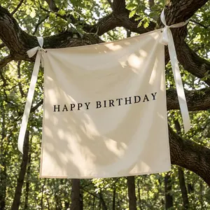 40x40 Inch Happy Birthday Burlap Banner, Fabric Party Decorations Backdrop, Boho Rustic Photo Props Sign with Hanging String for Birthday Party Indoor Outdoor Yard Wall Decor