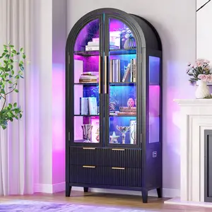 FREDEES 71" Tall Arched Storage Cabinet with Glass Doors and Drawers, Curio Display Cabinet with Adjustable RGB Light & Human Sensor, 4-Tier China Cabinet for Living Room