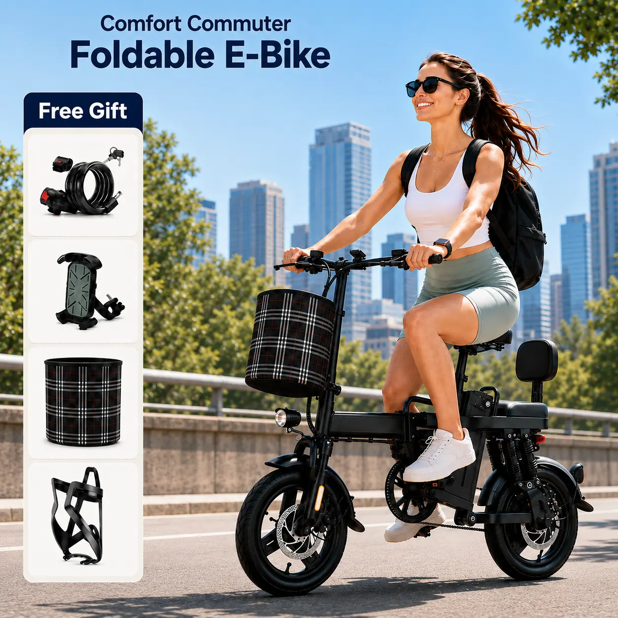 Comfort Commuter Foldable E-Bike, 20MPH Top Speed, 30+ Miles Range 14"  Ebike, Multi Shock Absorber, 330LBS Load, UL 2849 Certified, Full Accessories: Basket, Phone Mount, Lock, Rear Backrest compact bike,Audlt&Teens