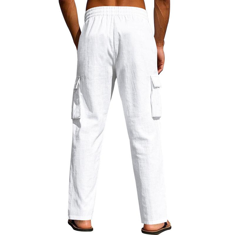 Men's Workwear Multi-pocket Straight Linen Pants Linen Four Seasons Thin Breathable Cargo Pants, Multi-pocket Loose Casual Trendy Wide-leg Pants