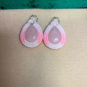 Rose Quartz Teardrop Beaded Earrings - Native American Beadwork