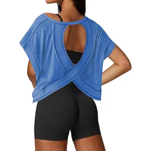 Open Back Workout Tops for Women Loose Fit Athletic Crop Tee Short Sleeve Gym Running Yoga Shirt